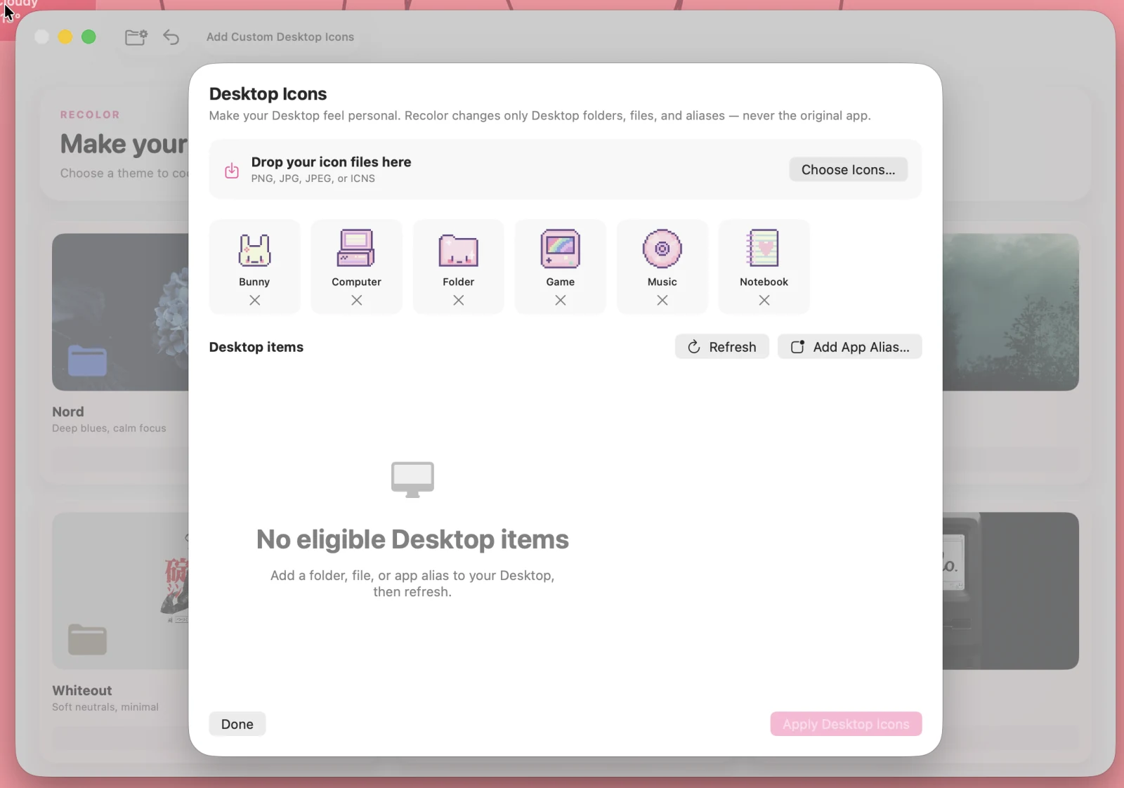 Recolor Desktop Icons picker with imported custom icons and alias controls
